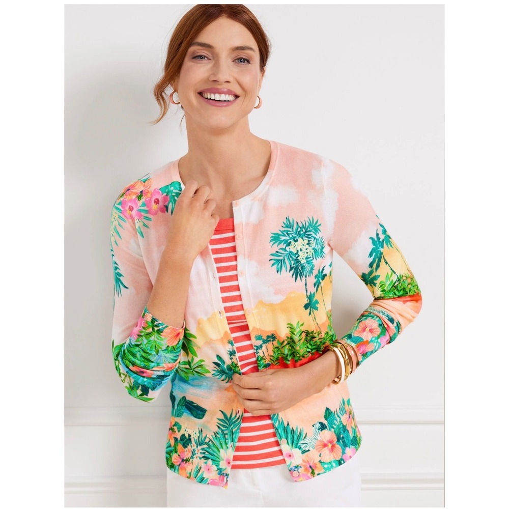 Talbots Sunset Horizon Charming Cardigan Tropical Landscape Palm Button Front